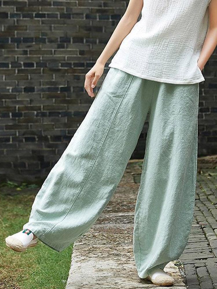 Pantalon Décontracté Ample En Coton Et Lin De Couleur Unie À Taille Élastique Avec Poche