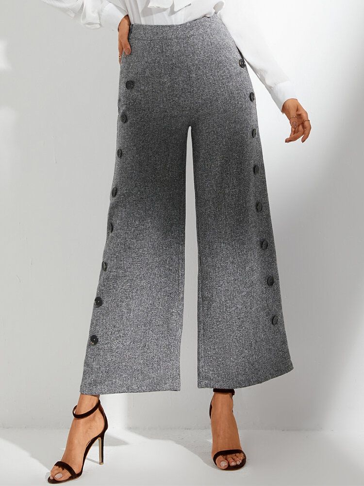 Pantalon Décontracté Ample À Taille Haute Et Bouton Latéral De Couleur Unie Pour Femme