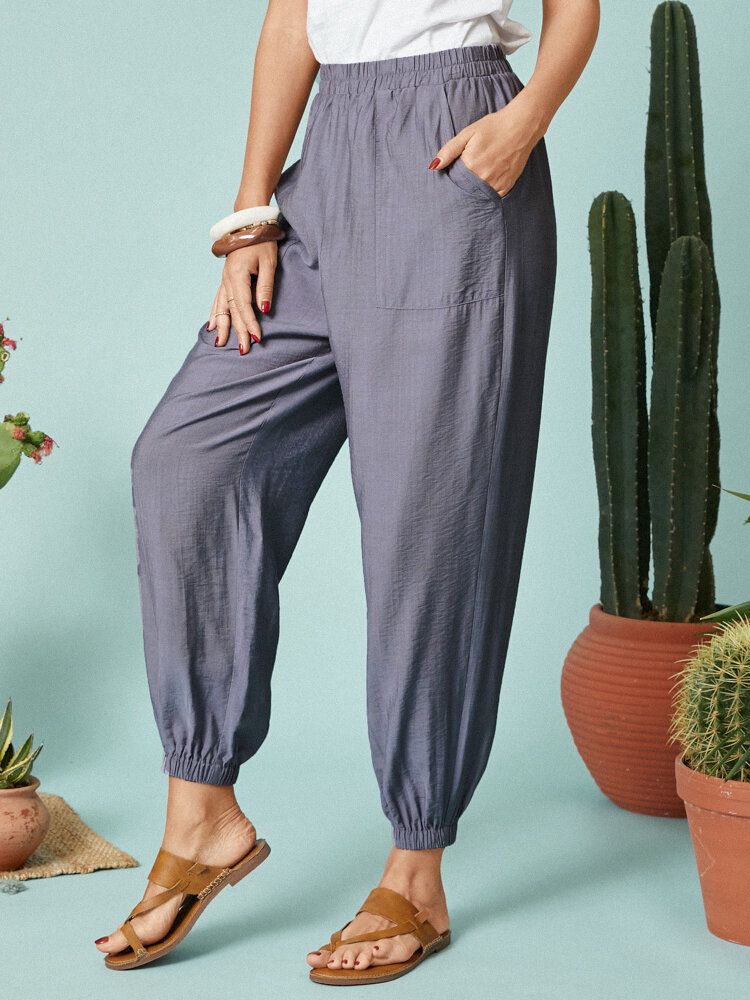 Pantalon Décontracté Avec Poche À Taille Élastique De Couleur Unie Pour Femme