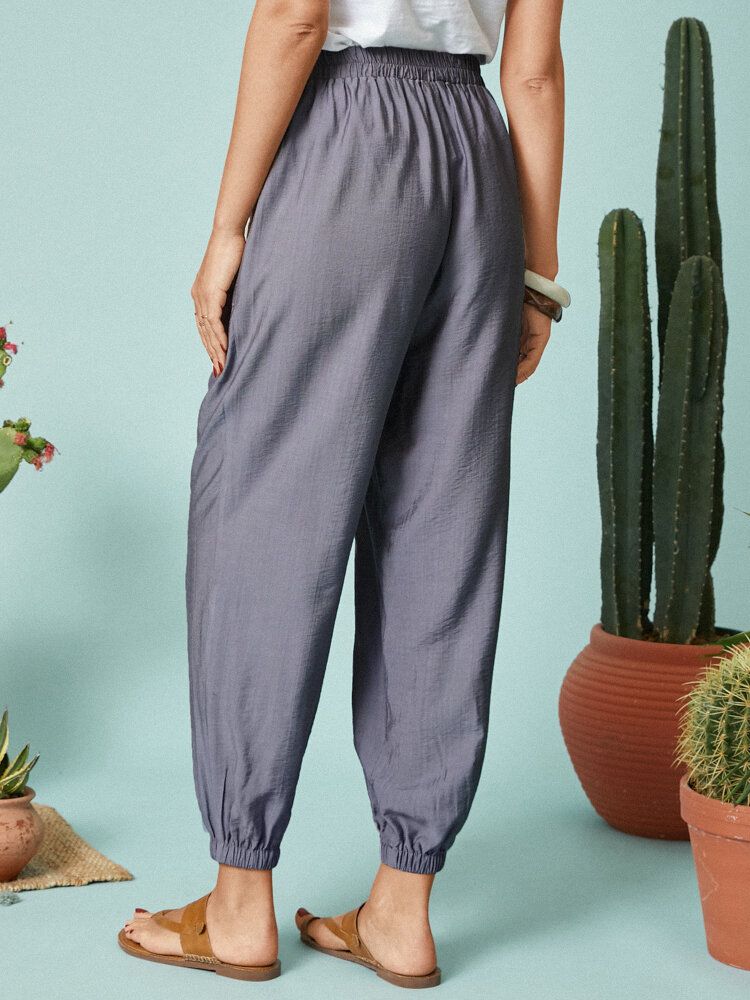 Pantalon Décontracté Avec Poche À Taille Élastique De Couleur Unie Pour Femme