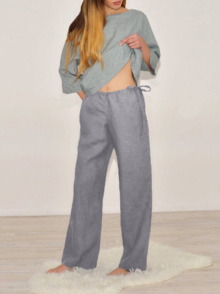 Pantalon Décontracté En Coton Avec Poche À Cordon Élastique De Couleur Unie Pour Femme