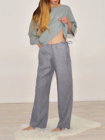 Pantalon Décontracté En Coton Avec Poche À Cordon Élastique De Couleur Unie Pour Femme