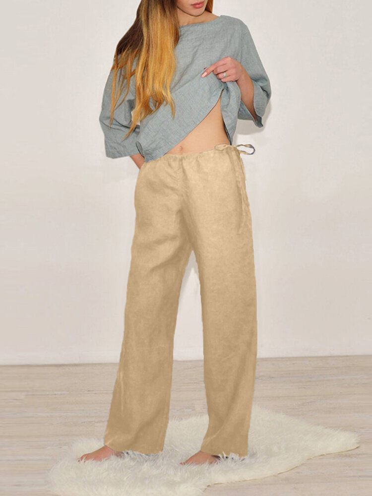 Pantalon Décontracté En Coton Avec Poche À Cordon Élastique De Couleur Unie Pour Femme