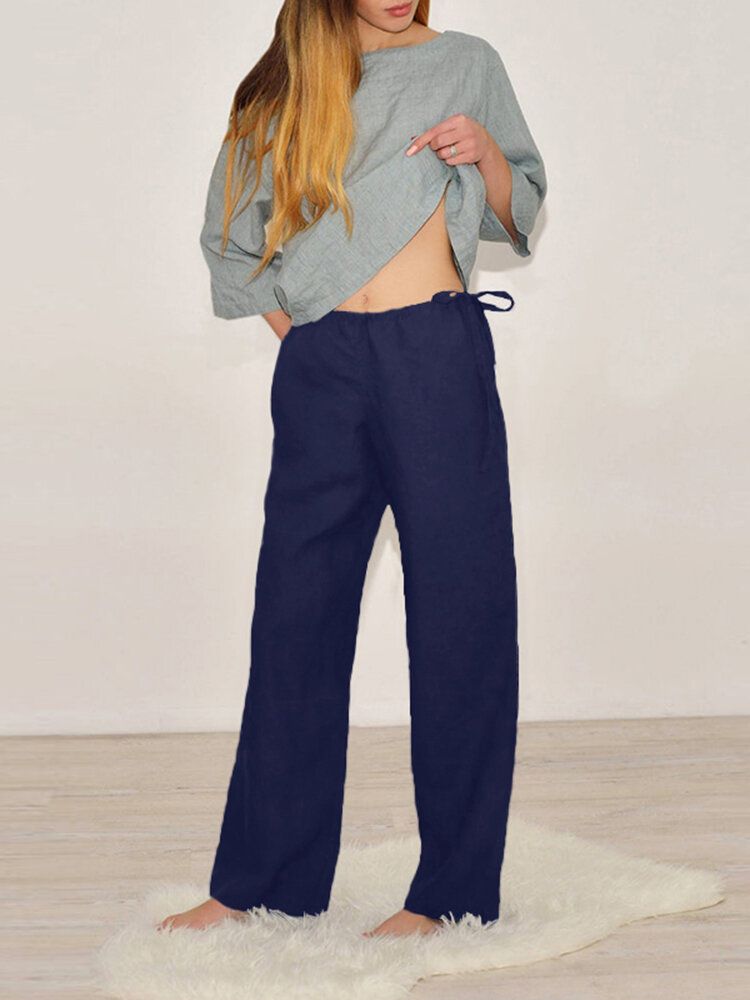 Pantalon Décontracté En Coton Avec Poche À Cordon Élastique De Couleur Unie Pour Femme