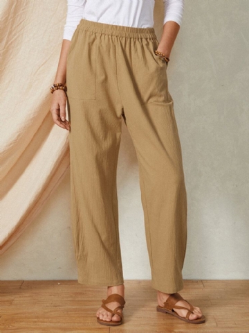 Pantalon Décontracté En Coton Pour Femme À Taille Élastique De Couleur Unie