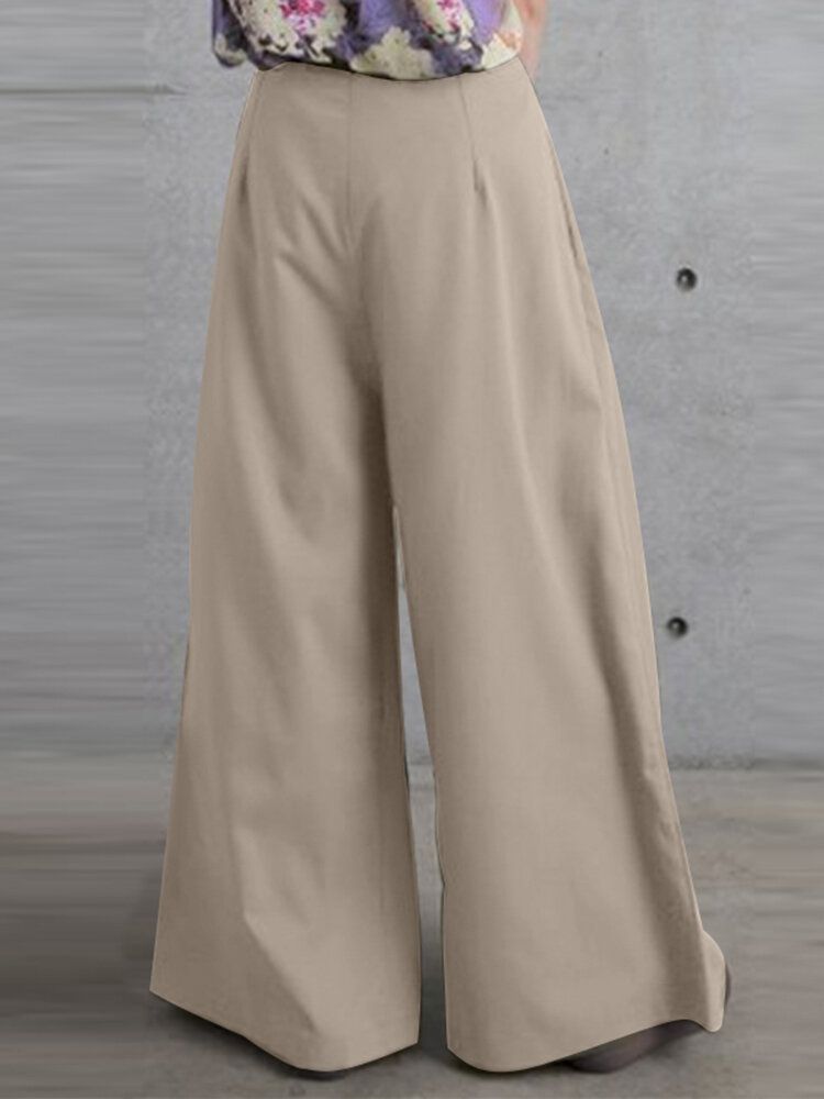 Pantalon Décontracté À Jambe Large Pour Femmes Avec Fermeture À Glissière Latérale Et Couleur Unie Avec Poche