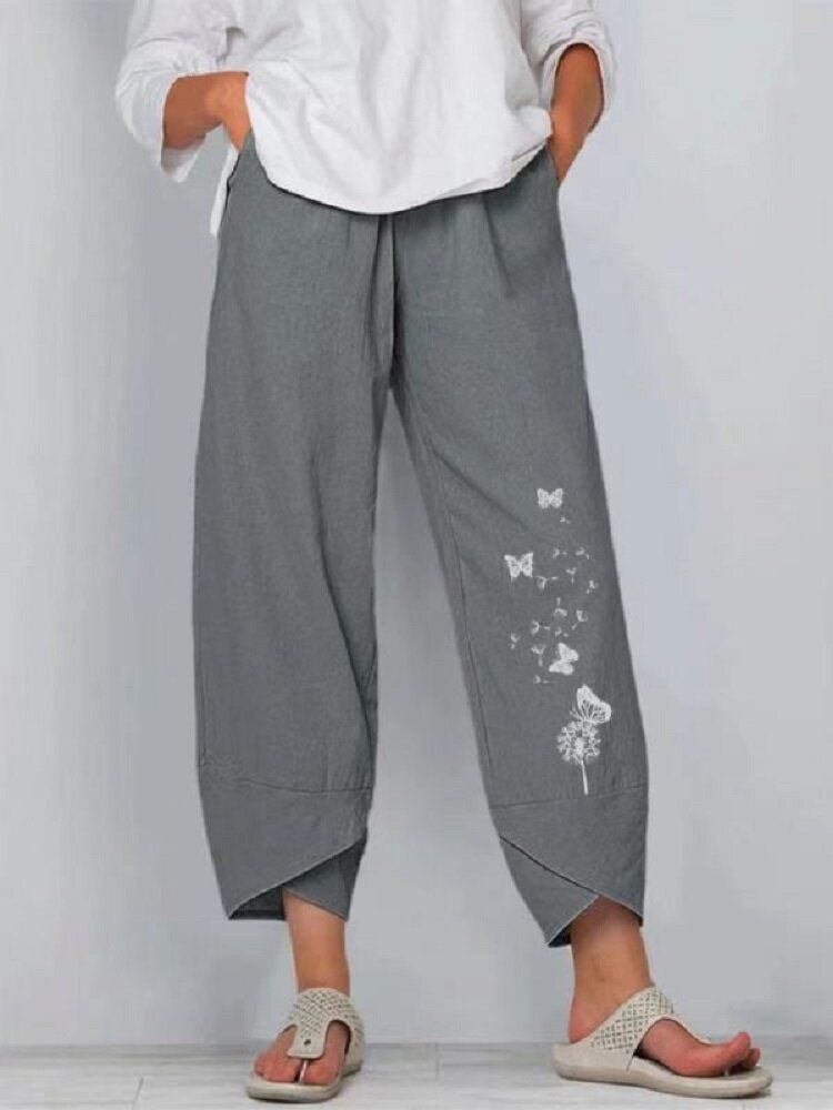 Pantalon Décontracté À Ourlet Fendu À Imprimé Fleur Papillon Avec Poche