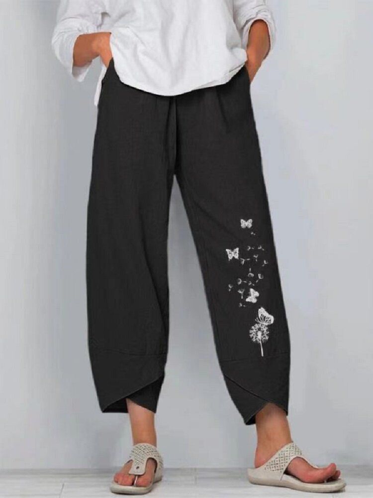 Pantalon Décontracté À Ourlet Fendu À Imprimé Fleur Papillon Avec Poche