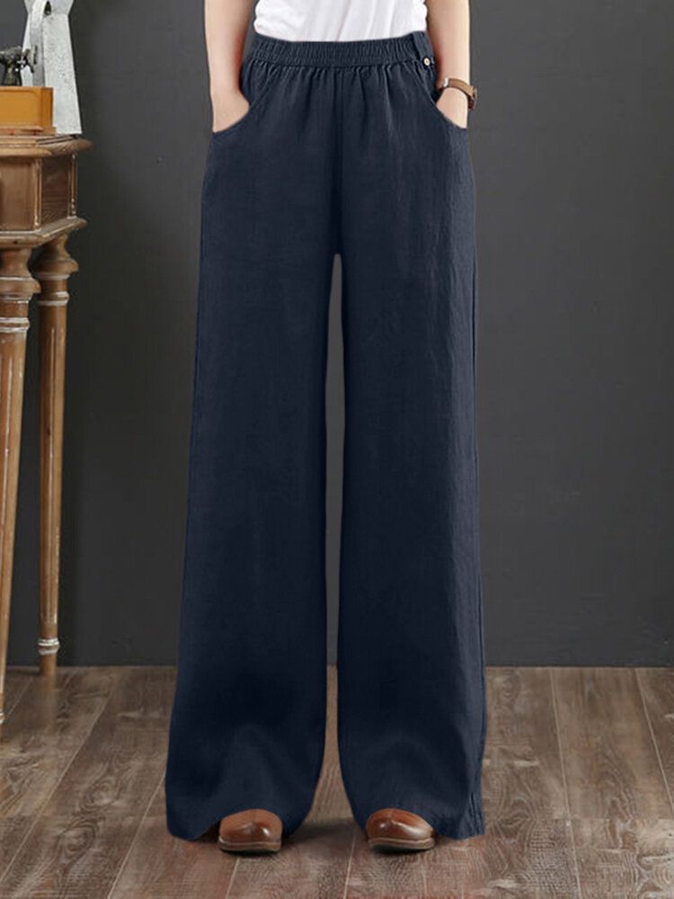 Pantalon Décontracté Solide À Poches Latérales Pour Femmes 100% Coton