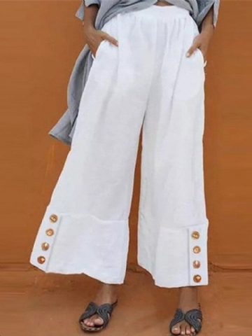 Pantalon Décontracté À Taille Haute Élastique Avec Bouton À Jambe Large Pour Femme