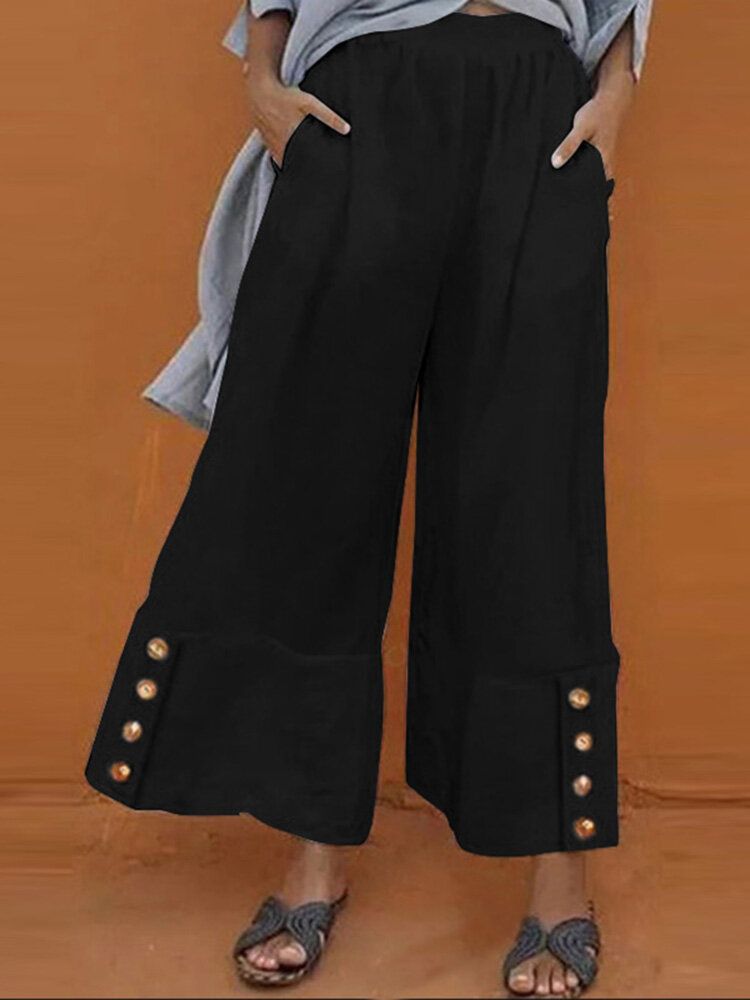 Pantalon Décontracté À Taille Haute Élastique Avec Bouton À Jambe Large Pour Femme