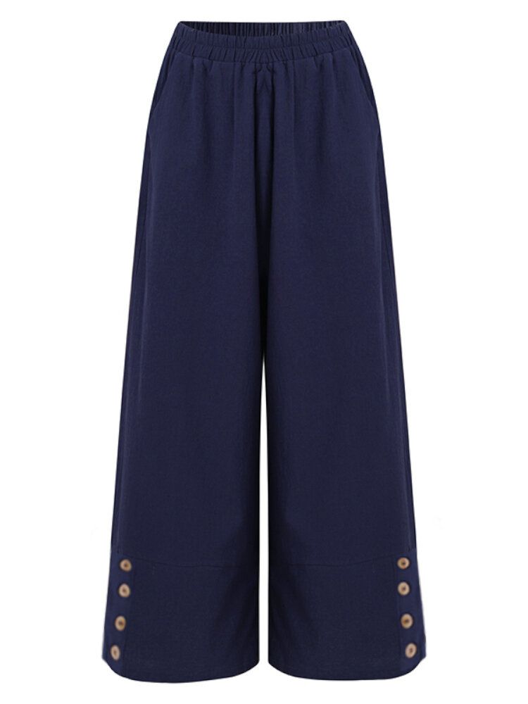 Pantalon Décontracté À Taille Haute Élastique Avec Bouton À Jambe Large Pour Femme