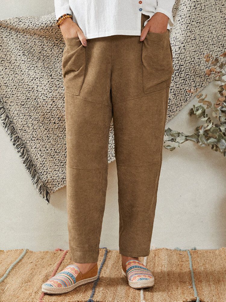 Pantalon Kaki En Velours Côtelé Avec Poches Latérales Pour Femme