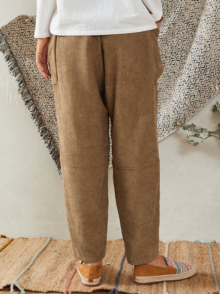 Pantalon Kaki En Velours Côtelé Avec Poches Latérales Pour Femme