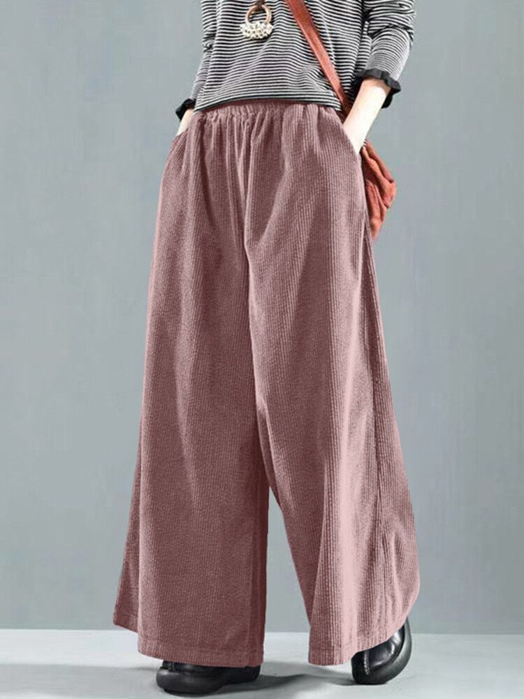 Pantalon Large Décontracté En Velours Côtelé Pour Femme Avec Poche Latérale