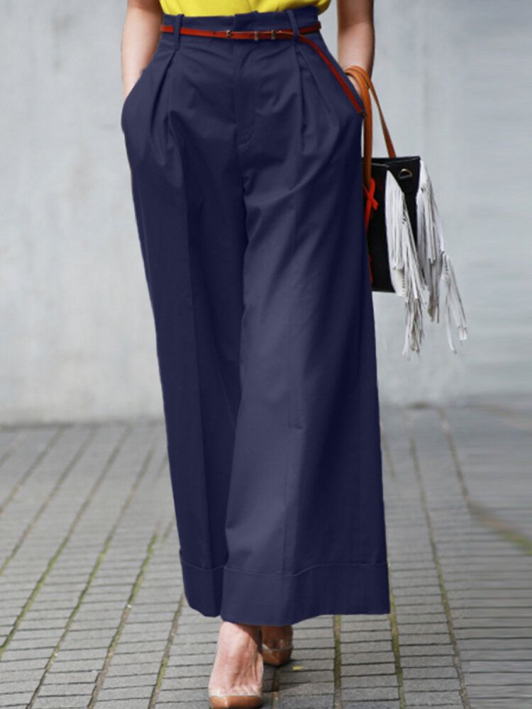 Pantalon Large À Taille Haute Plissé De Couleur Unie Pour Femmes Avec Poche