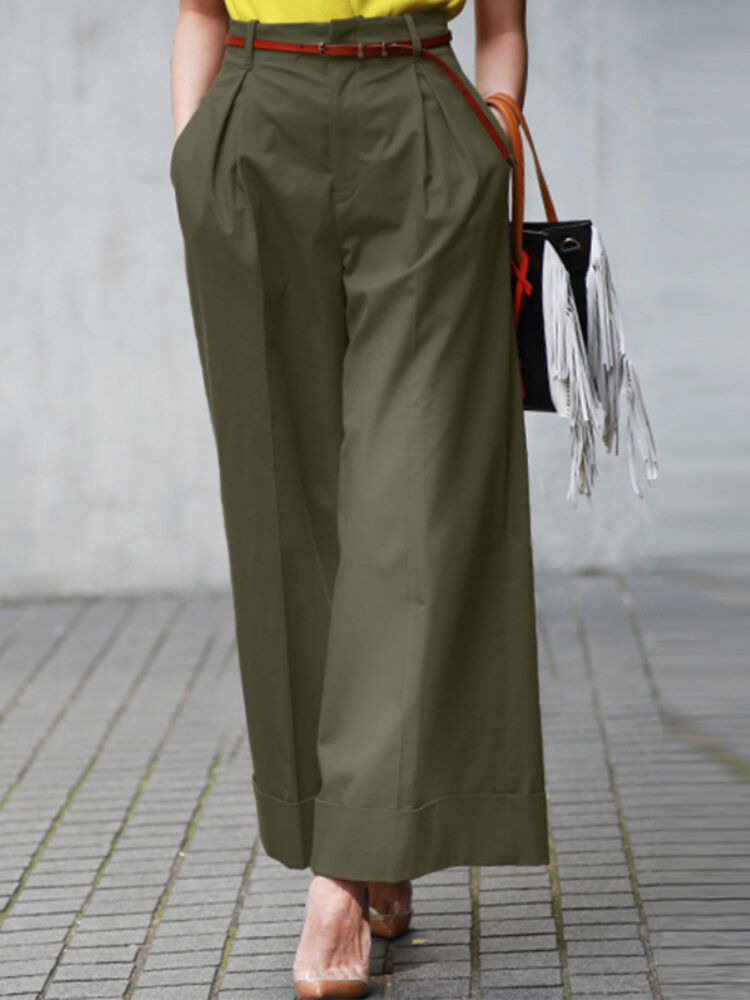 Pantalon Large À Taille Haute Plissé De Couleur Unie Pour Femmes Avec Poche