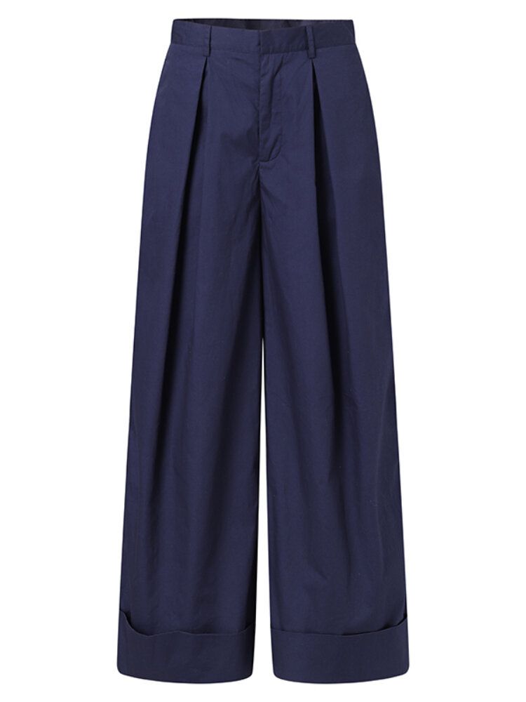 Pantalon Large À Taille Haute Plissé De Couleur Unie Pour Femmes Avec Poche