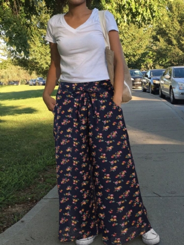 Pantalon Large Vintage À Taille Élastique Pour Femme Avec Imprimé Floral Et Poche