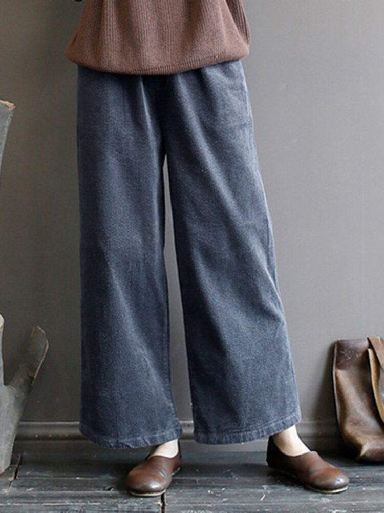 Pantalon Rétro Solide En Velours Côtelé Pour Femmes Avec Poches Latérales