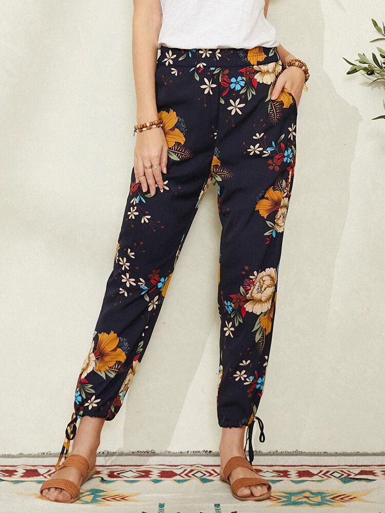 Pantalon À Revers Bohème À Imprimé Floral Pour Femmes Avec Poche