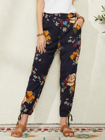 Pantalon À Revers Bohème À Imprimé Floral Pour Femmes Avec Poche