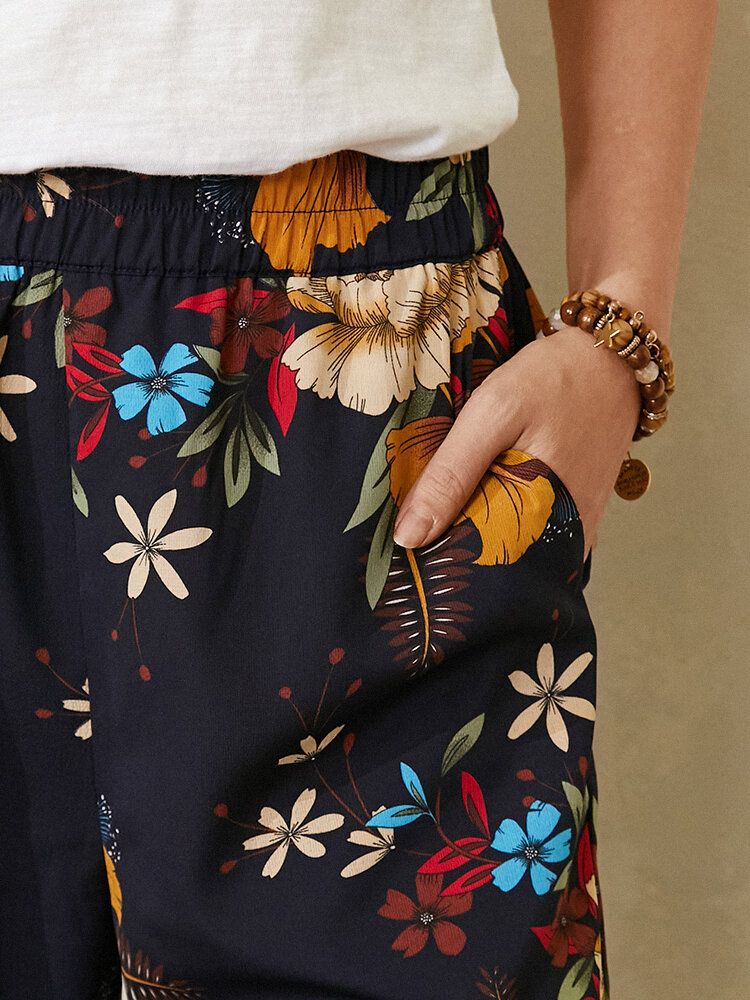 Pantalon À Revers Bohème À Imprimé Floral Pour Femmes Avec Poche