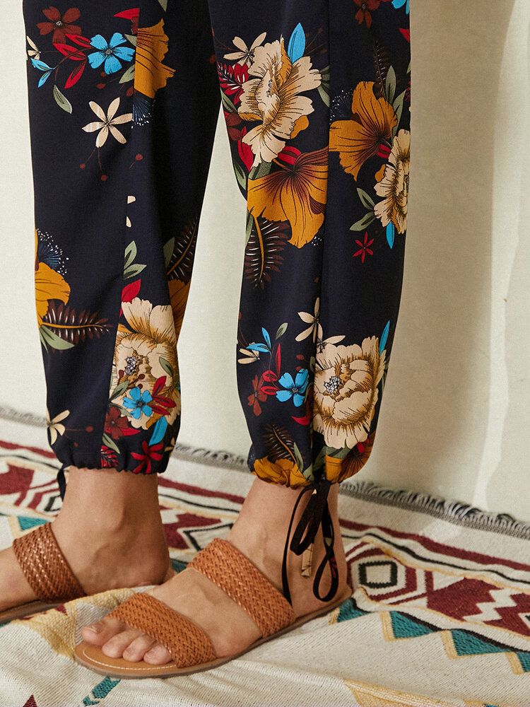 Pantalon À Revers Bohème À Imprimé Floral Pour Femmes Avec Poche