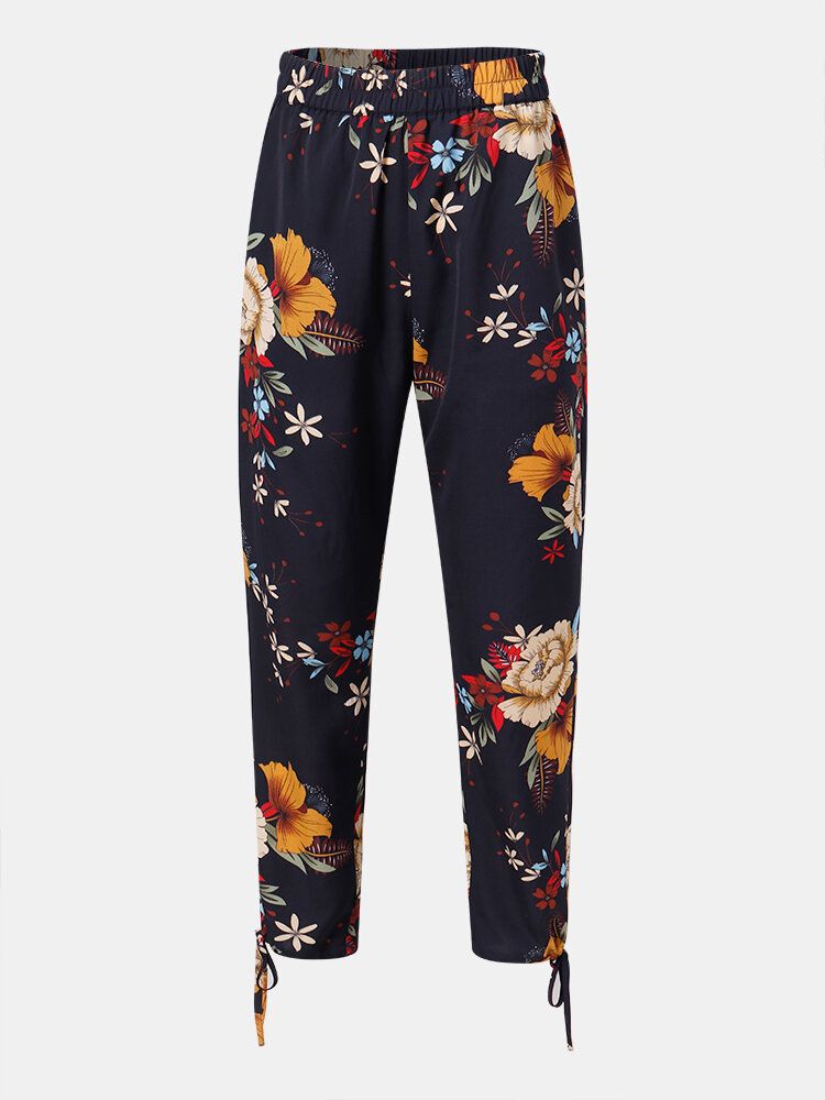 Pantalon À Revers Bohème À Imprimé Floral Pour Femmes Avec Poche