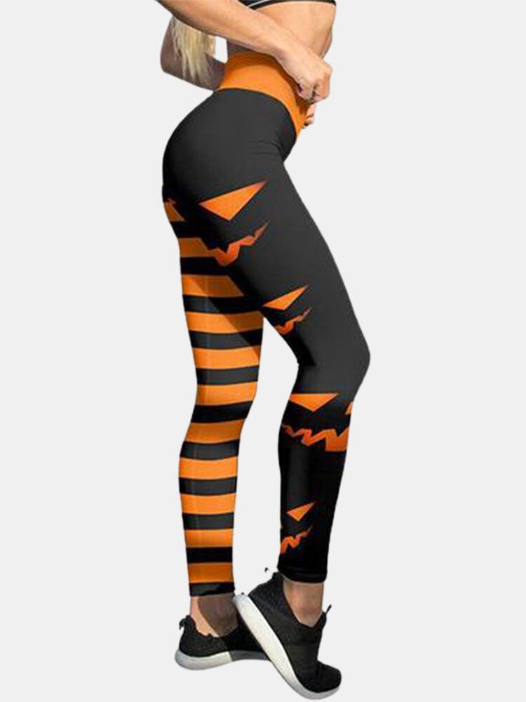 Pantalon De Sport De Levage De Hanche Taille Haute À Rayures Citrouille Pour Femmes D'halloween