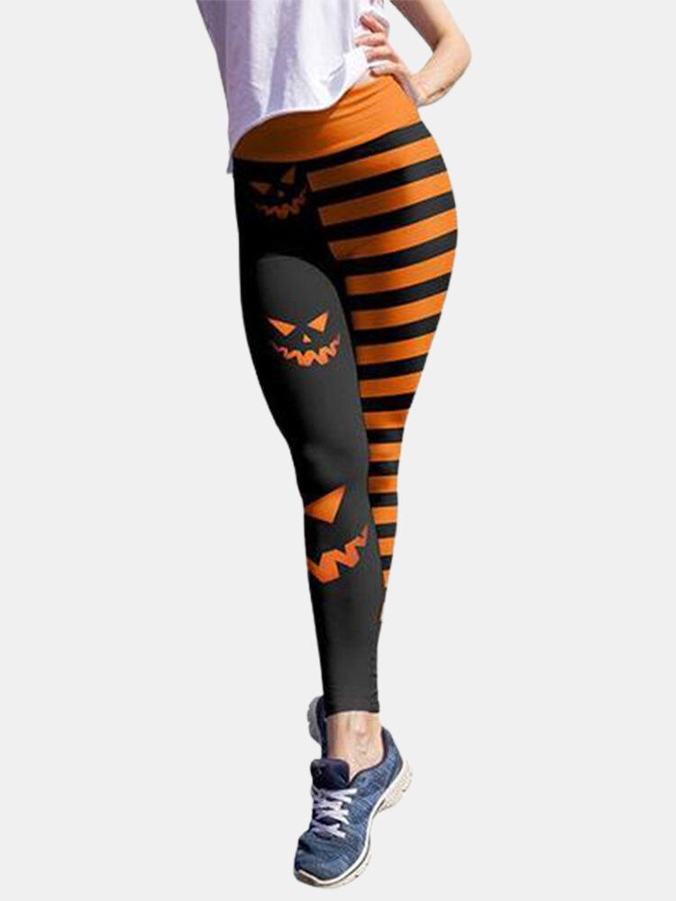 Pantalon De Sport De Levage De Hanche Taille Haute À Rayures Citrouille Pour Femmes D'halloween