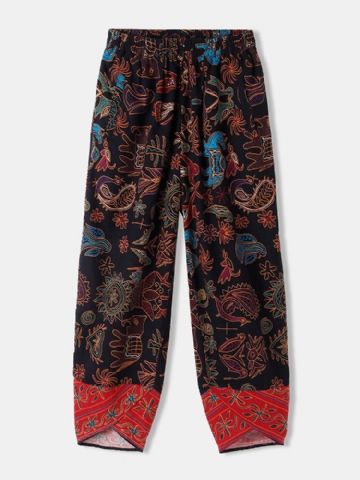 Pantalon À Taille Élastique Avec Poignets Irréguliers À Motif Ethnique Pour Femmes Avec Poche