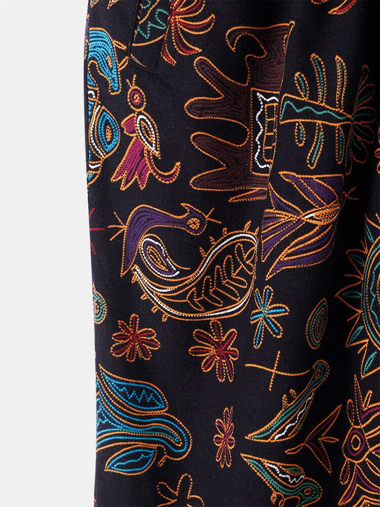 Pantalon À Taille Élastique Avec Poignets Irréguliers À Motif Ethnique Pour Femmes Avec Poche