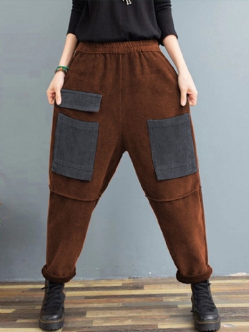 Pantalon En Velours Côtelé Vintage Patchwork Pour Femmes Avec Contraste De Couleurs Multiples Avec Poches