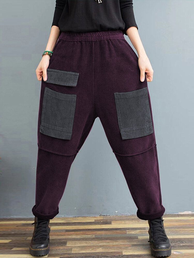 Pantalon En Velours Côtelé Vintage Patchwork Pour Femmes Avec Contraste De Couleurs Multiples Avec Poches