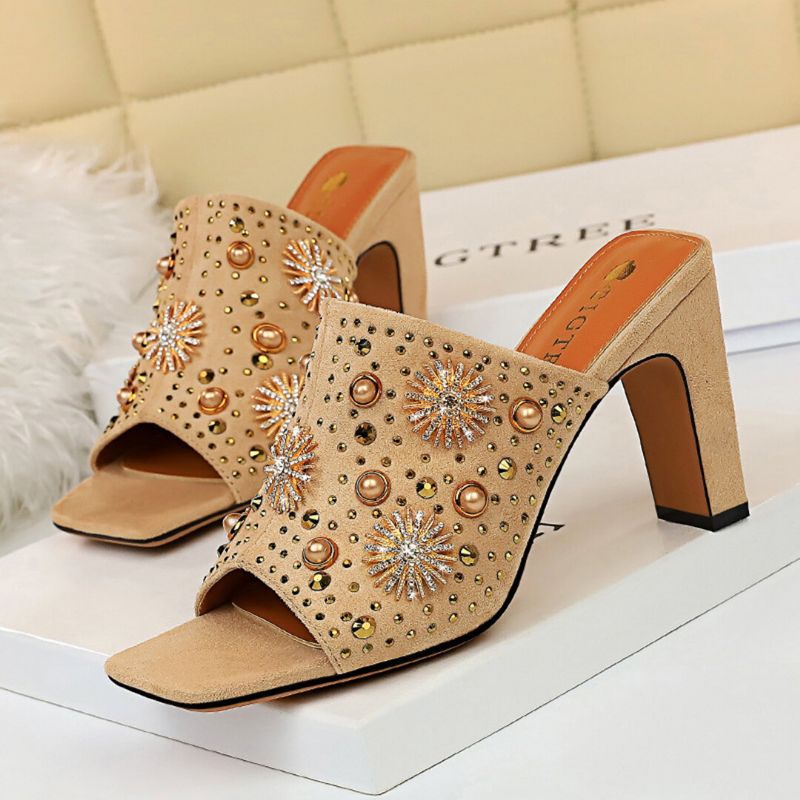 Pantoufles Élégantes À Rayures En Daim Avec Strass En Métal Revit Peep Toe