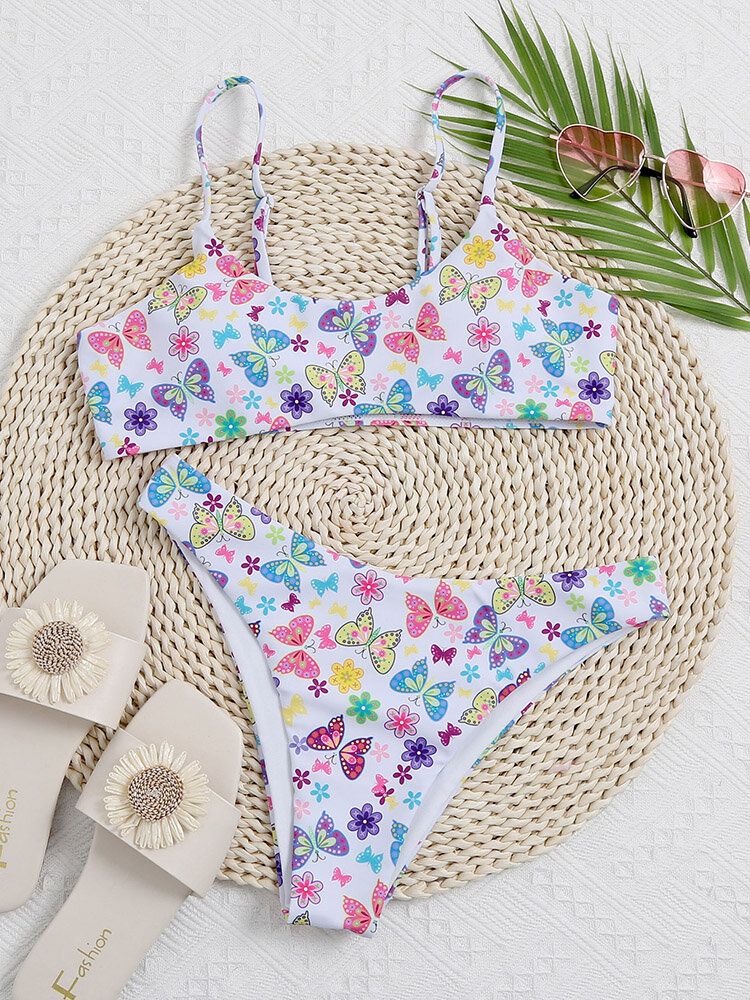 Papillon Imprimé Floral Sans Manches Bretelles Réglables Plage Maillots De Bain Bikini