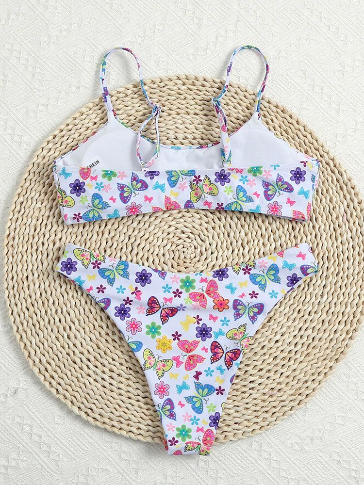 Papillon Imprimé Floral Sans Manches Bretelles Réglables Plage Maillots De Bain Bikini