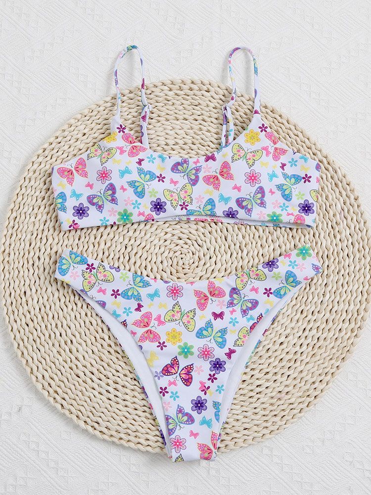 Papillon Imprimé Floral Sans Manches Bretelles Réglables Plage Maillots De Bain Bikini