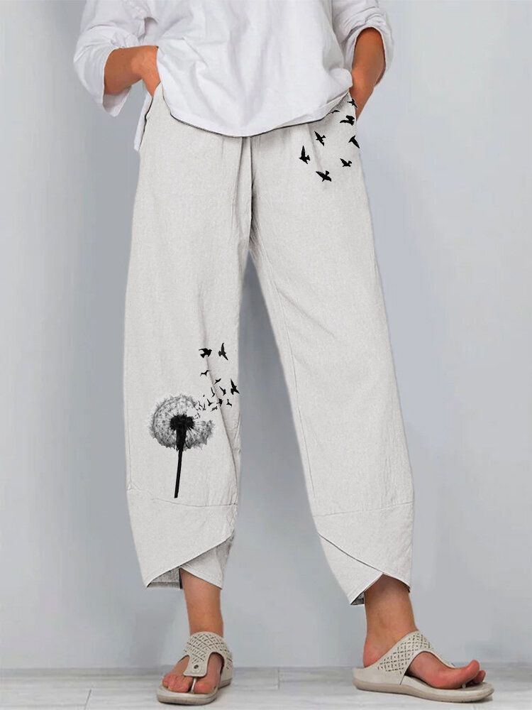 Papillon Pissenlit Fleur Imprimé Ourlet Fendu Pantalon Décontracté Avec Poche