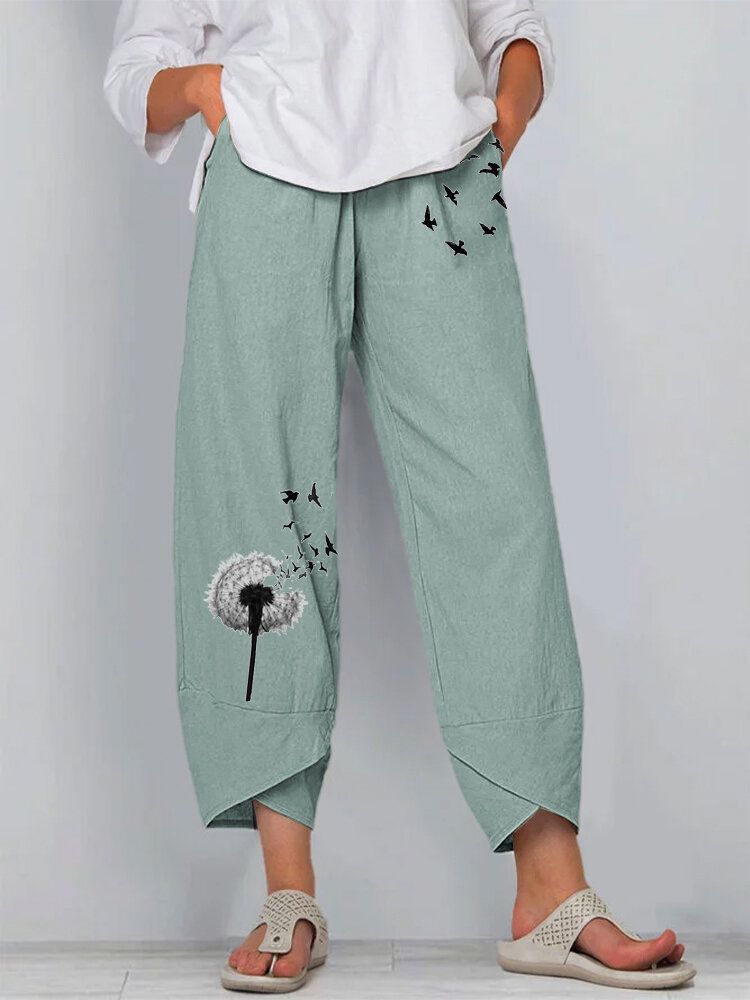 Papillon Pissenlit Fleur Imprimé Ourlet Fendu Pantalon Décontracté Avec Poche