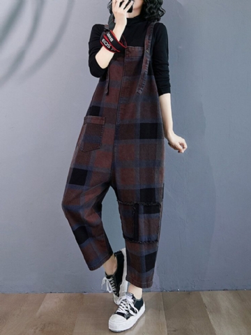 Plaid Print Demin Pockets Causal Harem Jumpsuit Pour Femme