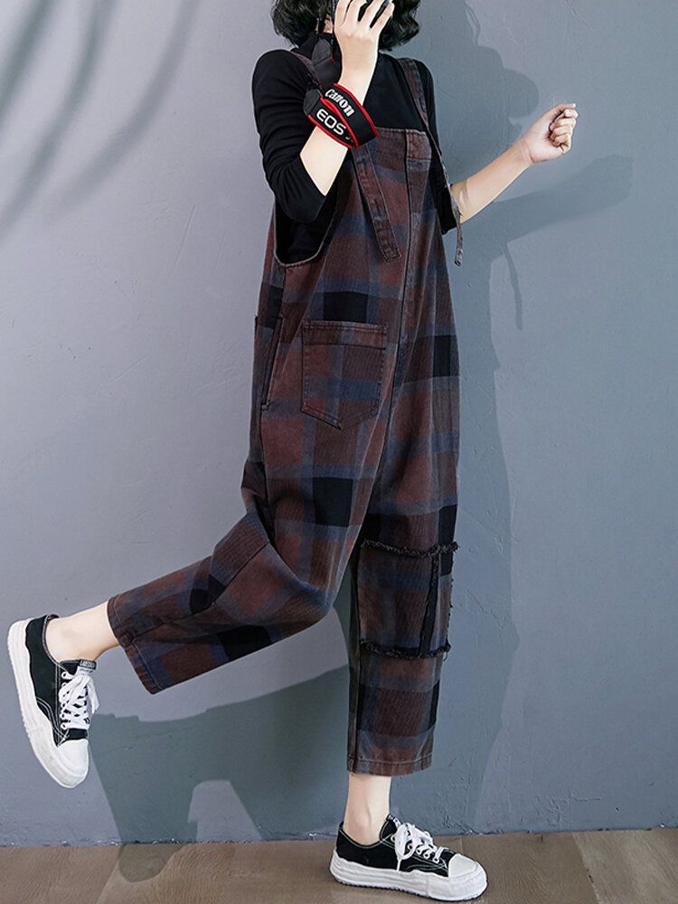 Plaid Print Demin Pockets Causal Harem Jumpsuit Pour Femme