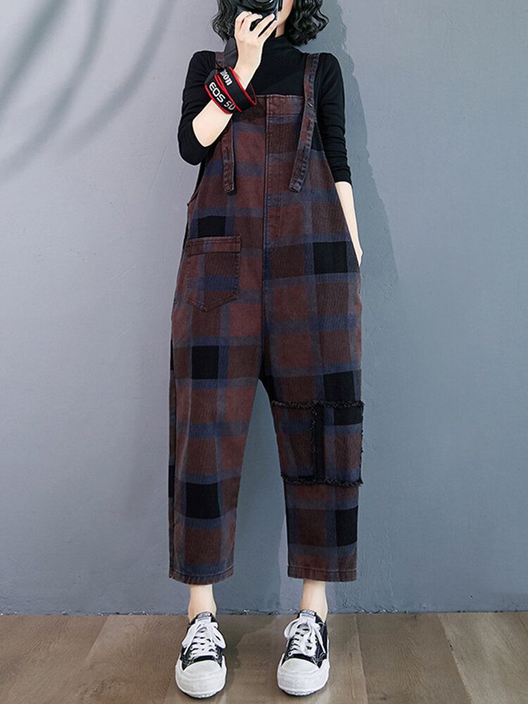 Plaid Print Demin Pockets Causal Harem Jumpsuit Pour Femme