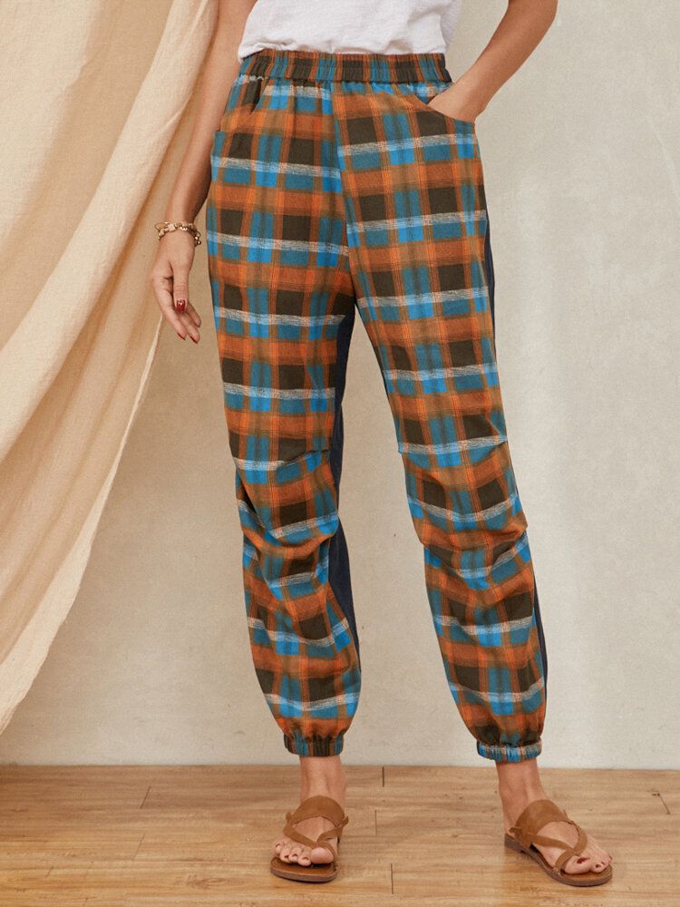 Plaid Print Taille Élastique Color Block Patchwork Pocket Sarouel Pour Femme