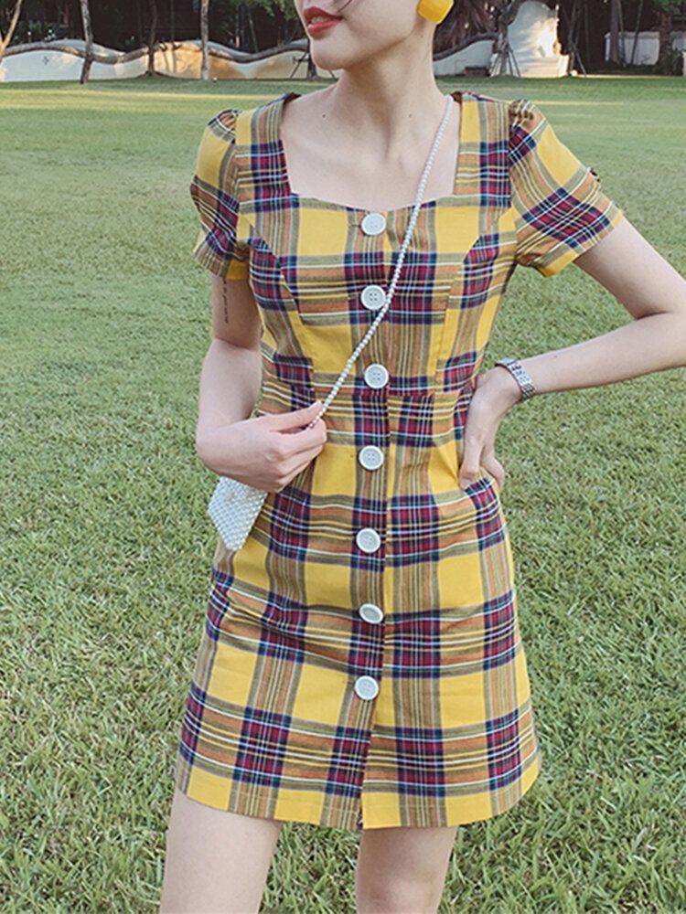 Plaid Square Neck Streetwear Holiday Women Dress