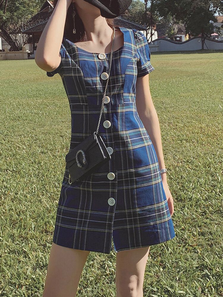 Plaid Square Neck Streetwear Holiday Women Dress