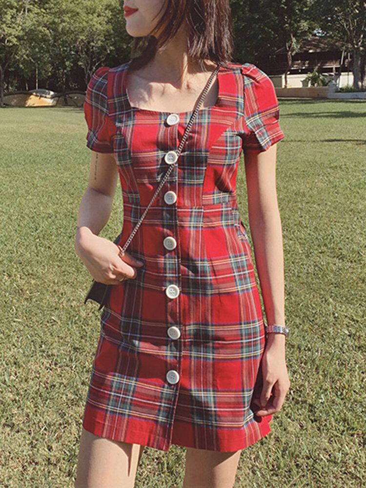 Plaid Square Neck Streetwear Holiday Women Dress