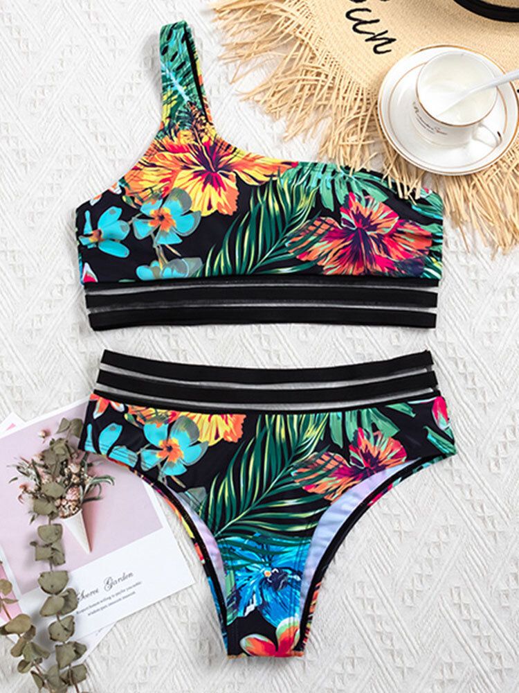 Plant Leaf Tropical Print One Épaule Mesh Trim Bikinis Maillot De Bain Taille Haute