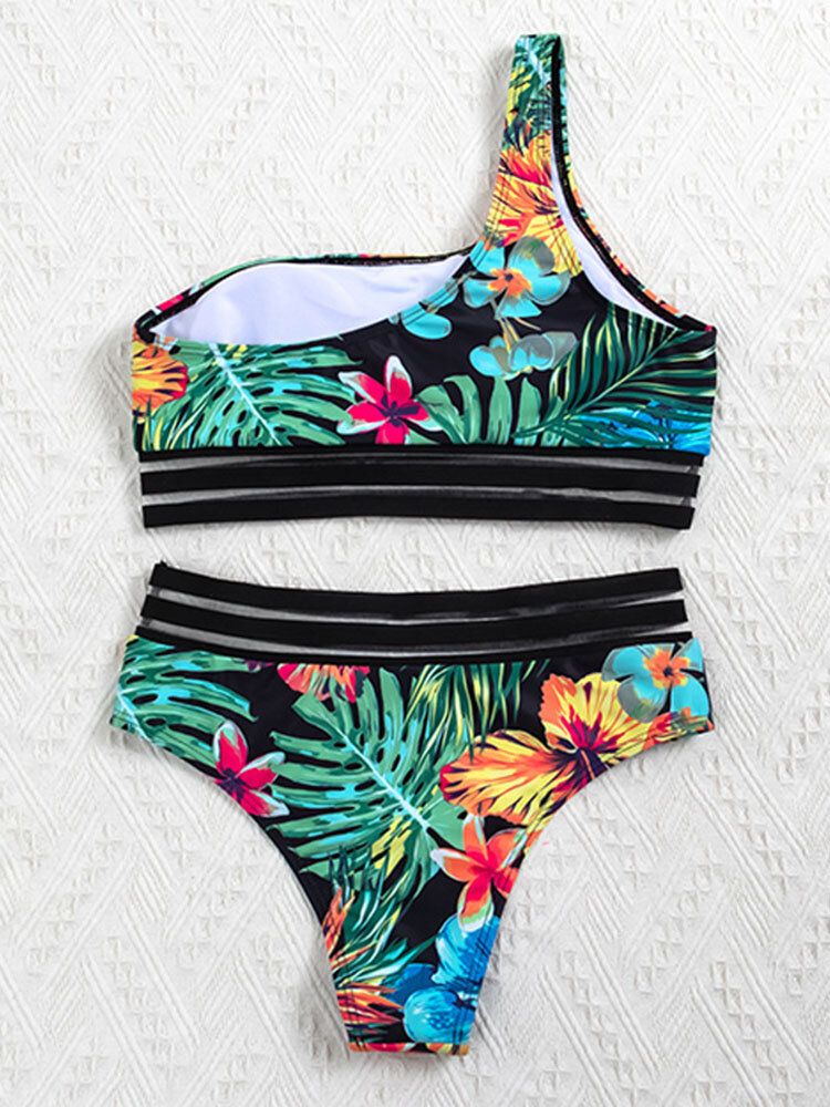 Plant Leaf Tropical Print One Épaule Mesh Trim Bikinis Maillot De Bain Taille Haute